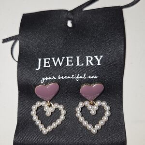 Heart Pearl Drop Earrings - Pink Heart